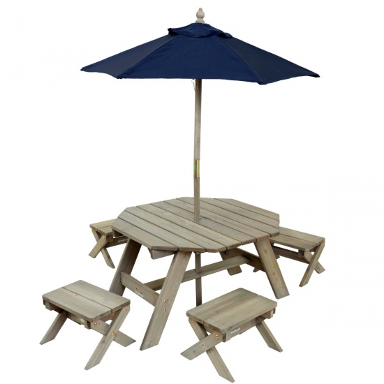 KIDKRAFT - Ensemble table octogonale, tabourets et parasol - Barnwood gris et bleu marine